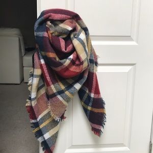 Red, navy, tan plaid blanket scarf 55inx55in